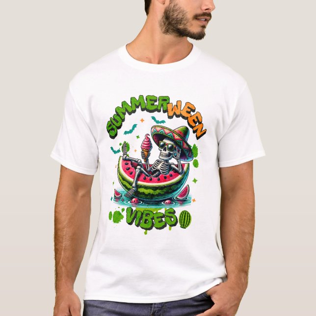 Summerween Skeleton on Watermelon Boat Ice Cream T-Shirt (Front)