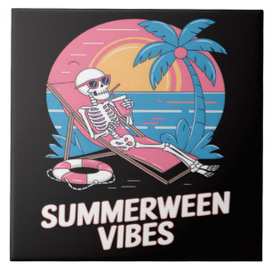 Summerween Skeleton Summer Vacation Beach Funny Ceramic Tile