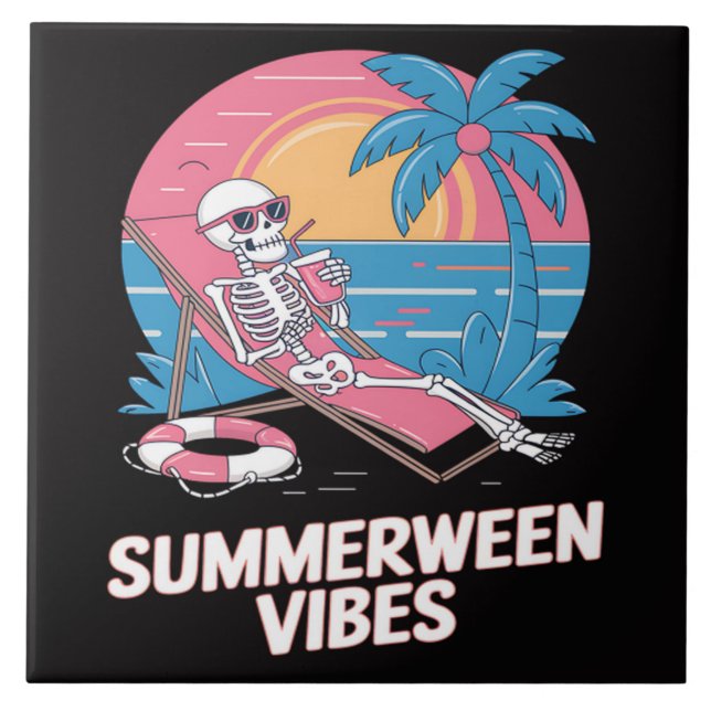 Summerween Skeleton Summer Vacation Beach Funny Ceramic Tile (Front)