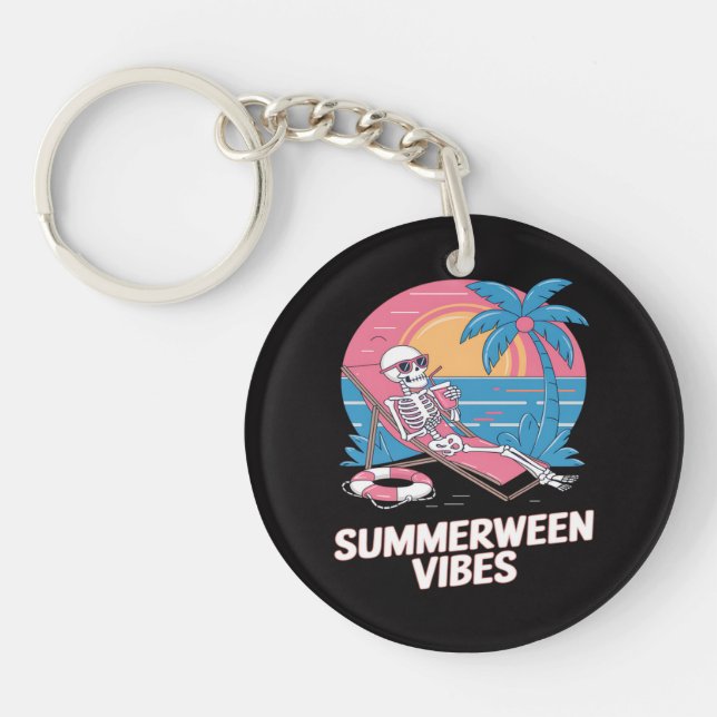 Summerween Skeleton Summer Vacation Beach Funny Key Ring (Front)