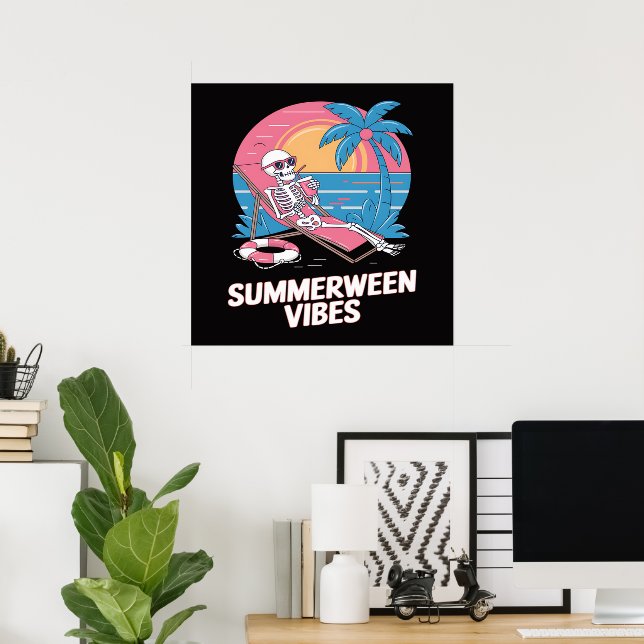 Summerween Skeleton Summer Vacation Beach Funny Poster (Home Office)