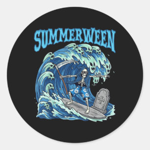 Summerween Skeleton Surf Grim Reaper Beach Spooky  Classic Round Sticker