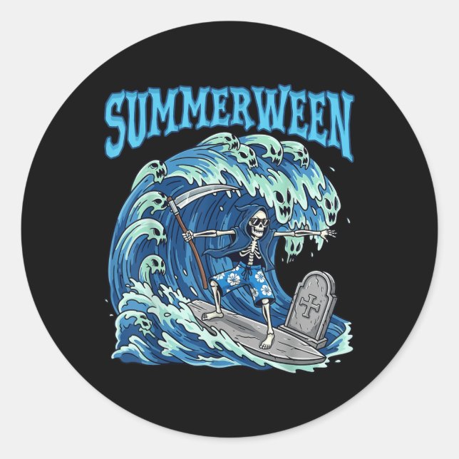 Summerween Skeleton Surf Grim Reaper Beach Spooky  Classic Round Sticker (Front)