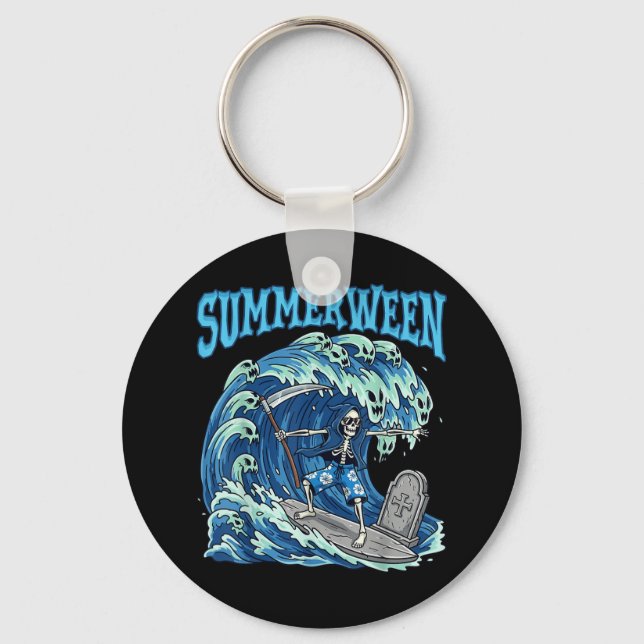 Summerween Skeleton Surf Grim Reaper Beach Spooky  Key Ring (Front)