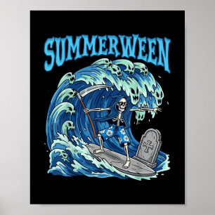 Summerween Skeleton Surf Grim Reaper Beach Spooky  Poster
