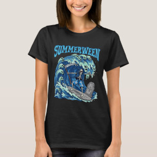 Summerween Skeleton Surf Grim Reaper Beach Spooky  T-Shirt