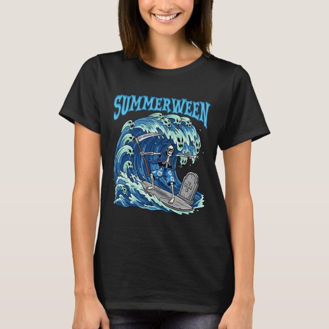 Summerween Skeleton Surf Grim Reaper Beach Spooky  T-Shirt (Front)