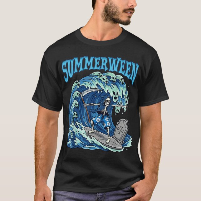 Summerween Skeleton Surf Grim Reaper Beach Spooky  T-Shirt (Front)