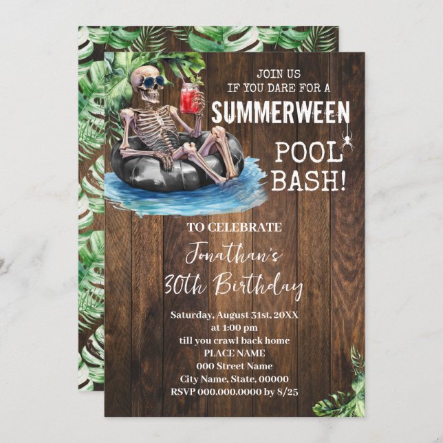 Summerween Skeleton Tropical Halloween Birthday Invitation (Front/Back)