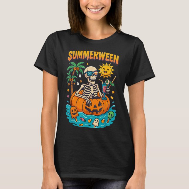 Summerween Skeleton Vibes Chillin In A Pumpkin Flo T-Shirt (Front)