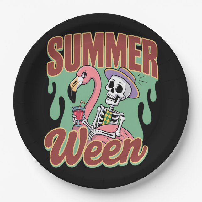 Summerween Skeleton Vibes Funny Halloween Paper Plate (Front)