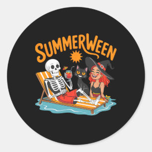 Summerween Skeleton Witch Funny Summer Halloween Classic Round Sticker