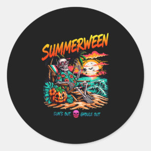 Summerween suns out ghouls out skeleton relaxing classic round sticker