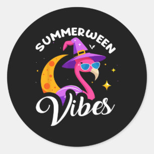 Summerween Vibes Flamingo Summer Halloween Vacatio Classic Round Sticker