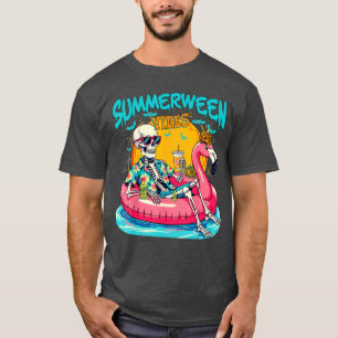 Summerween Vibes Funny Skeleton Flamingo Halloween T-Shirt