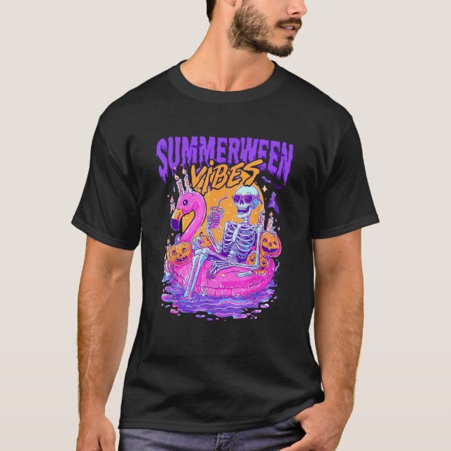 Summerween Vibes Funny Skeleton Float Halloween In T-Shirt (Front)