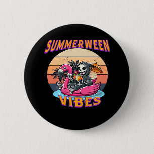 Summerween Vibes Grim Reaper Flamingo Float Retro  6 Cm Round Badge