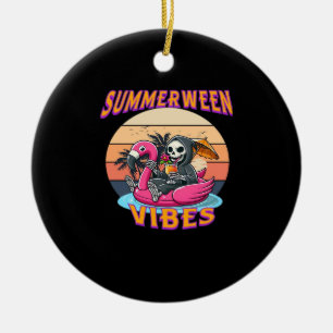 Summerween Vibes Grim Reaper Flamingo Float Retro Ceramic Ornament