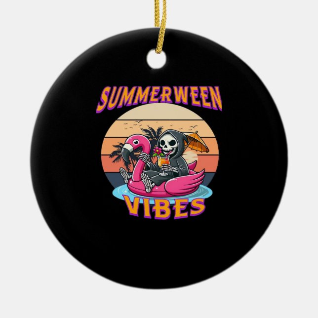 Summerween Vibes Grim Reaper Flamingo Float Retro  Ceramic Ornament (Front)