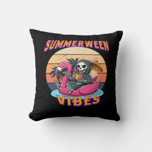 Summerween Vibes Grim Reaper Flamingo Float Retro  Cushion