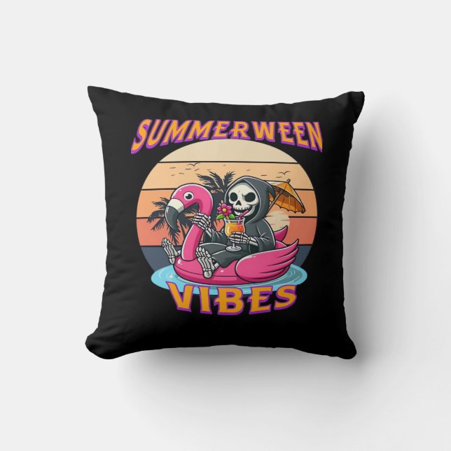Summerween Vibes Grim Reaper Flamingo Float Retro  Cushion (Front)