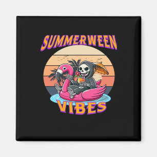 Summerween Vibes Grim Reaper Flamingo Float Retro  Magnet