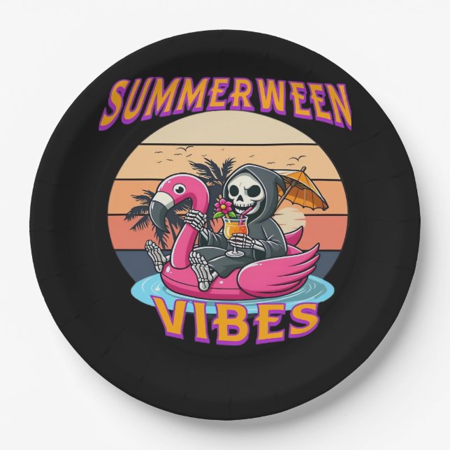 Summerween Vibes Grim Reaper Flamingo Float Retro  Paper Plate (Front)
