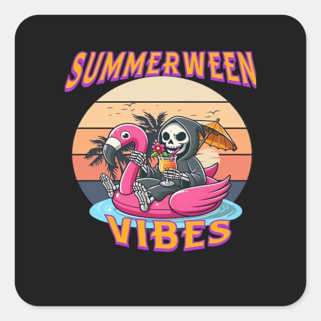 Summerween Vibes Grim Reaper Flamingo Float Retro  Square Sticker (Front)