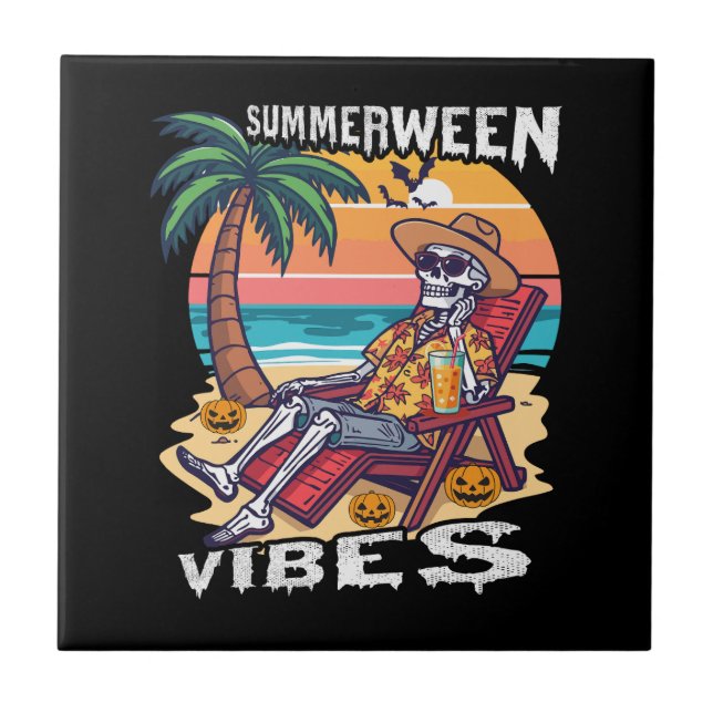 Summerween Vibes Halloween Skeleton Ceramic Tile (Front)
