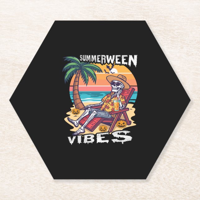 Summerween Vibes Halloween Skeleton Paper Coaster (Front)