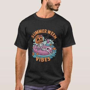 Summerween Vibes Halloween Summer Fun Flamingo Ske T-Shirt