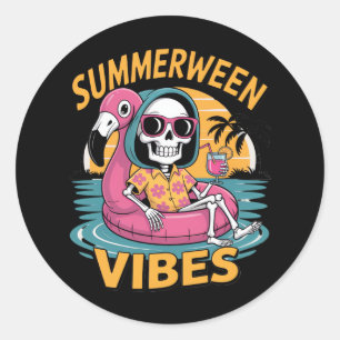 Summerween Vibes Skeleton Flamingo Float Summer Ha Classic Round Sticker