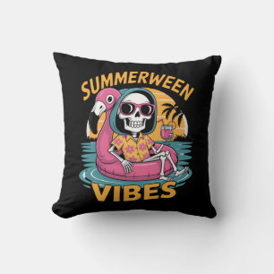 Summerween Vibes Skeleton Flamingo Float Summer Ha Cushion