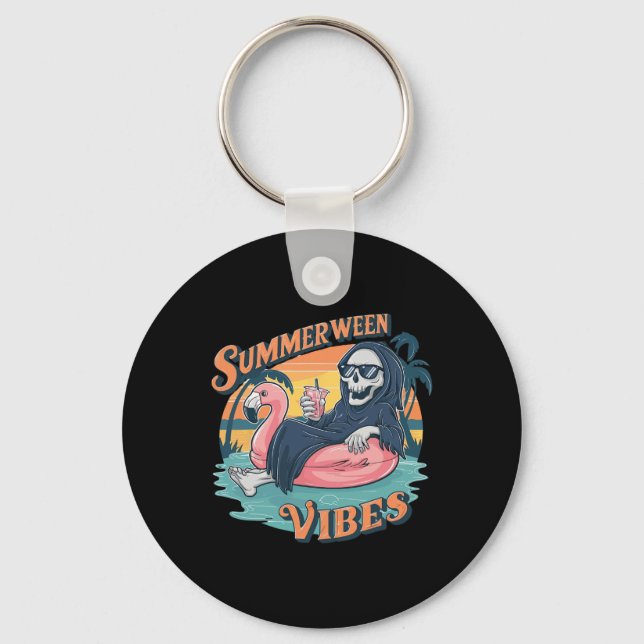 Summerween Vibes Skeleton Flamingo Float Summer Ha Key Ring (Front)