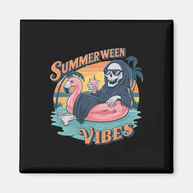 Summerween Vibes Skeleton Flamingo Float Summer Ha Magnet (Front)