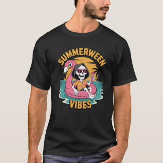 Summerween Vibes Skeleton Flamingo Float Summer Ha T-Shirt