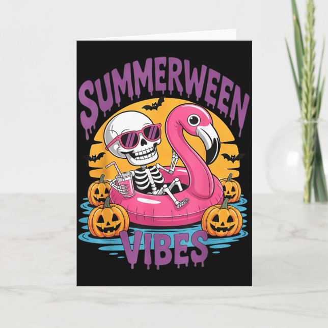 Summerween Vibes Skeleton Flamingo Spooky Hallowee Card (Front)