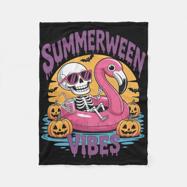 Summerween Vibes Skeleton Flamingo Spooky Hallowee Fleece Blanket (Front)