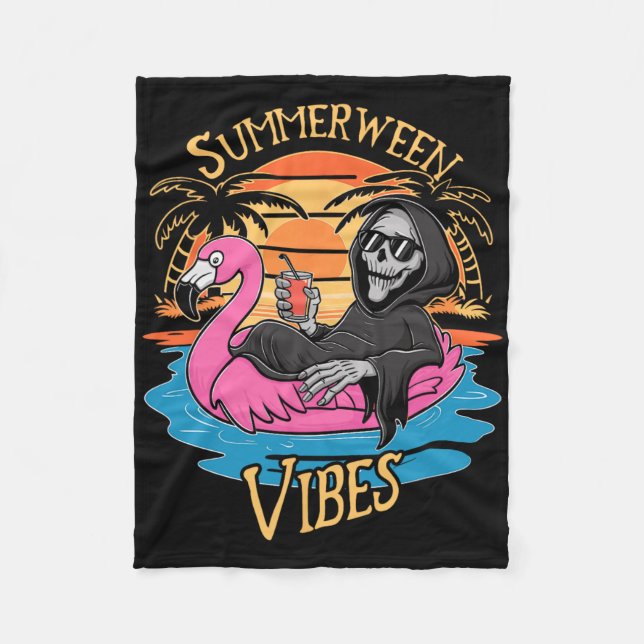 Summerween Vibes Skeleton Flamingo Spooky Hallowee Fleece Blanket (Front)