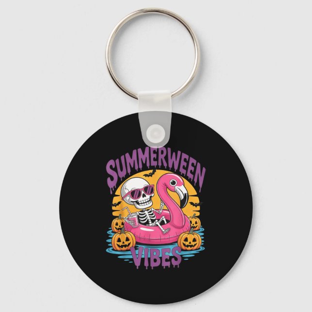 Summerween Vibes Skeleton Flamingo Spooky Hallowee Key Ring (Front)
