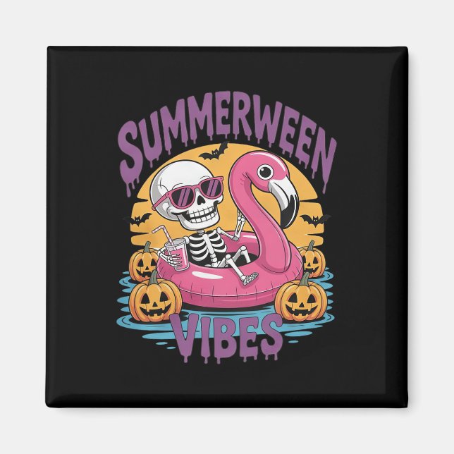 Summerween Vibes Skeleton Flamingo Spooky Hallowee Magnet (Front)