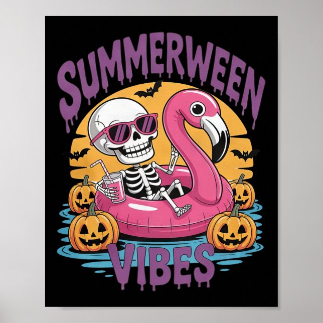 Summerween Vibes Skeleton Flamingo Spooky Hallowee Poster (Front)