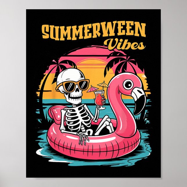 Summerween Vibes Skeleton Flamingo Spooky Hallowee Poster (Front)