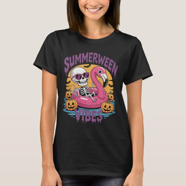 Summerween Vibes Skeleton Flamingo Spooky Hallowee T-Shirt (Front)