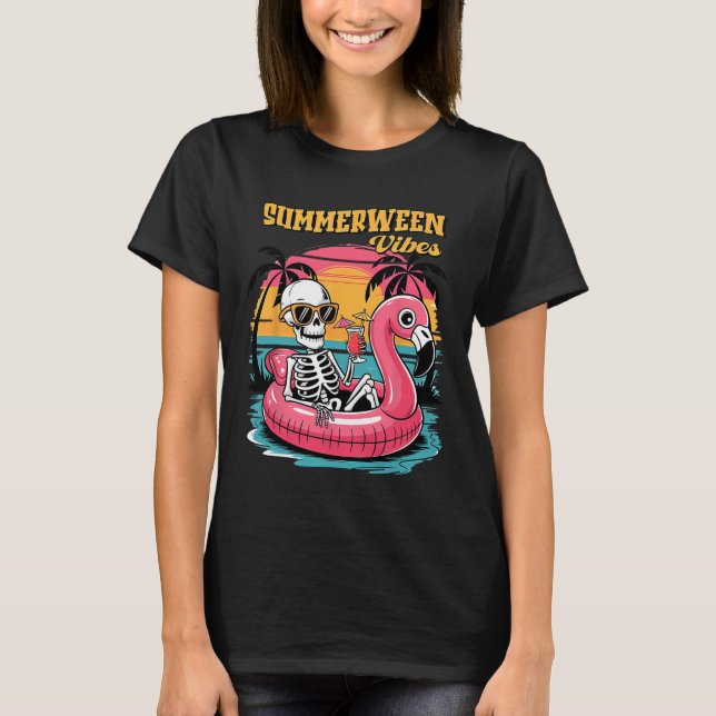 Summerween Vibes Skeleton Flamingo Spooky Hallowee T-Shirt (Front)