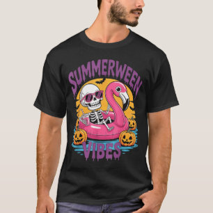 Summerween Vibes Skeleton Flamingo Spooky Hallowee T-Shirt