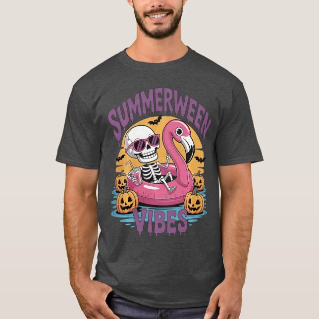 Summerween Vibes Skeleton Flamingo Spooky Hallowee T-Shirt (Front)