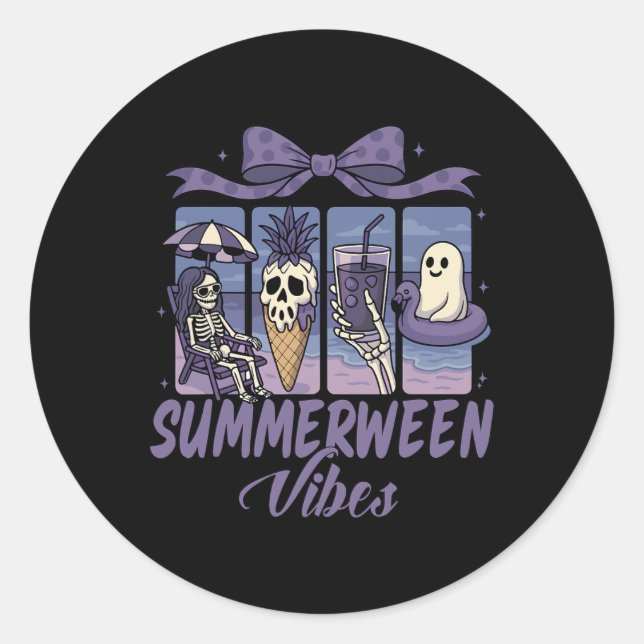 Summerween Vibes Skeleton Ghost Beach Party Hallow Classic Round Sticker (Front)