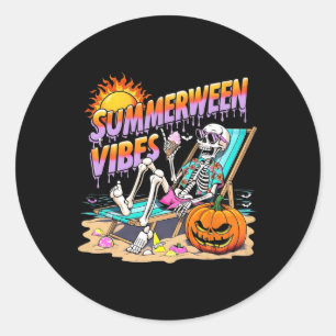 Summerween Vibes Skeleton Pumpkin Spooky Vacation Classic Round Sticker