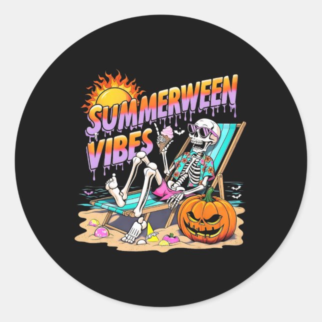 Summerween Vibes Skeleton Pumpkin Spooky Vacation  Classic Round Sticker (Front)